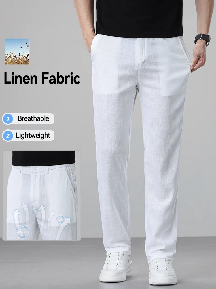 Leichte Herren-Freizeithose aus Leinenmischung, Sommer, atmungsaktiv, bequem, gerade Passform, Business-Hose, modische Urlaubshose
