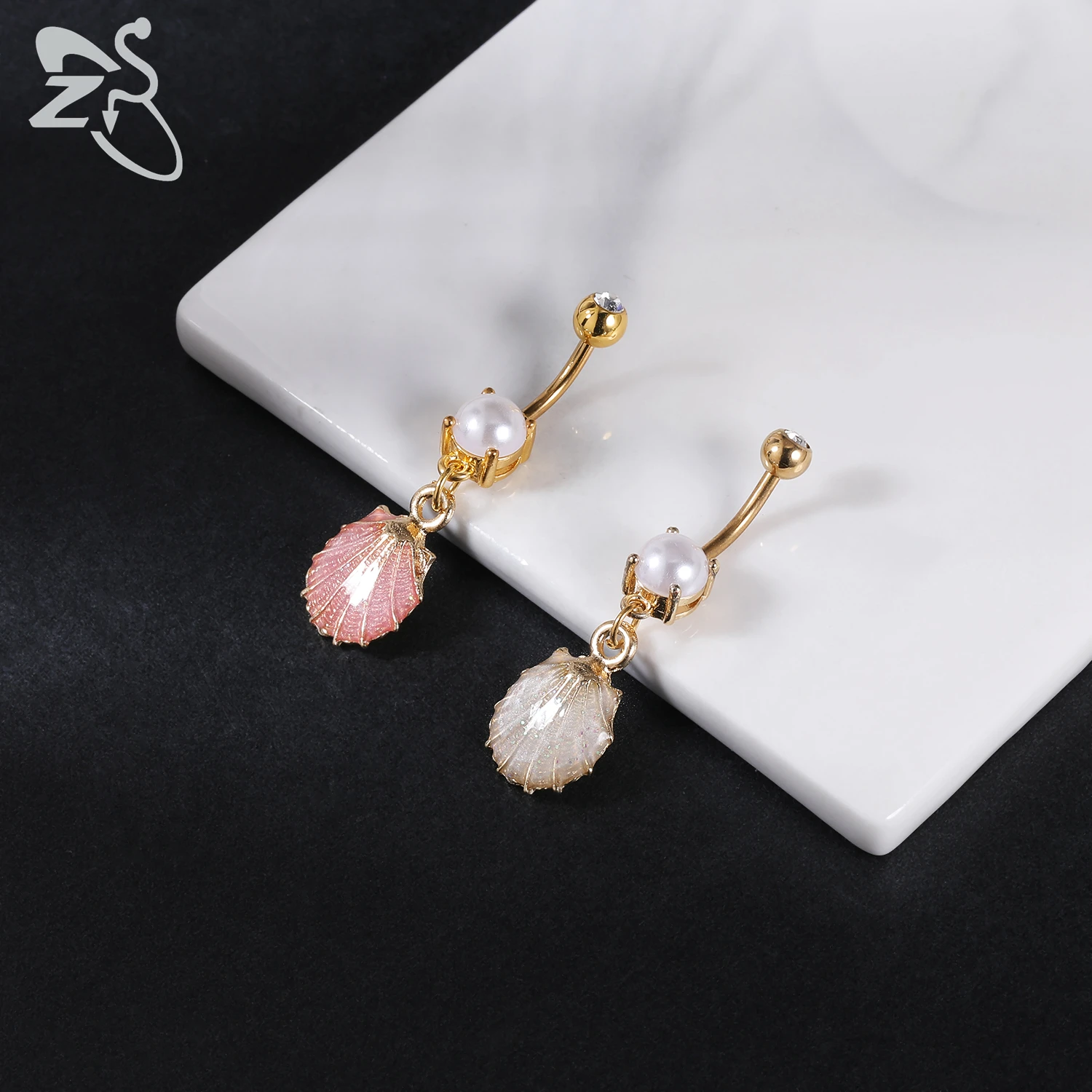 ZS 1 PC Cute Shell Pendant Belly Button Ring Moonstone Drop Belly Rings 14G Stainless Steel Summer Flower Navel Piercing Jewelry