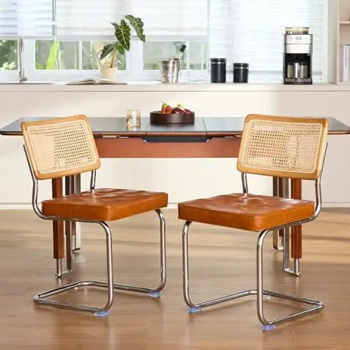 Rattan Dining Chairs Set of 2, Faux Leather Mid Century Modern Dining Room Chairs, Mesh Back Cane Kitchen Chair, Cesca