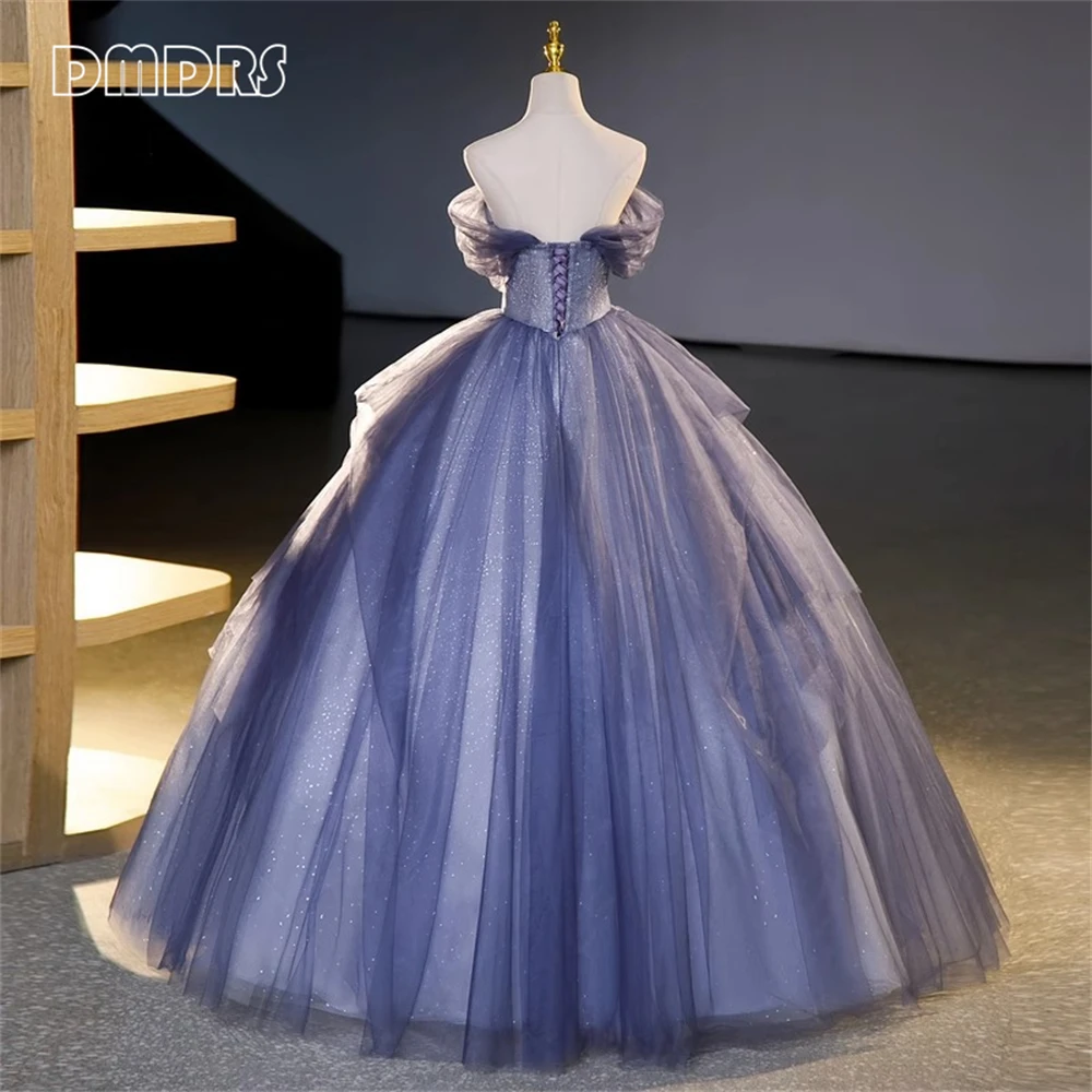 Glitter Tulle Formal Dress for Women Off Shoulder Sleeves with Lace Quinceanera Dresses Party Cocktail Prom Gown