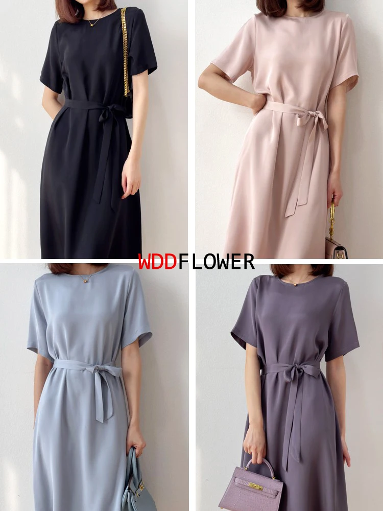 Women Silk Midi Dress 93% Mulberry Silk 7% Spandex 26 Momme Solid Colors Belt Waist O Neck Short Sleeve Dress M L XL XXL M1125