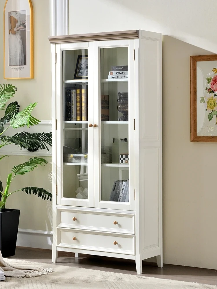 

LXY white solid wood bookshelf living room floor-to-ceiling bookcase with glass door integrated wall shelf