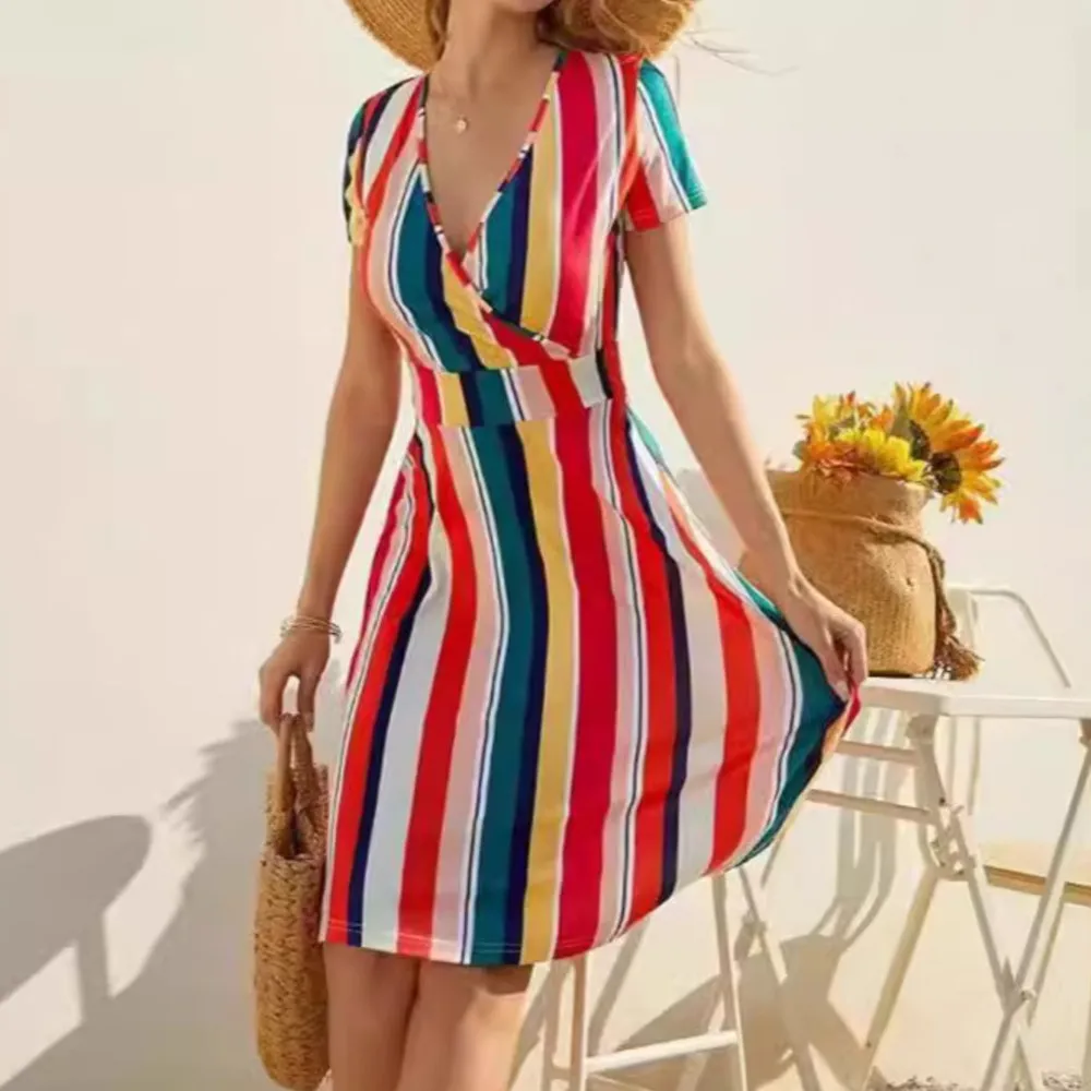 

2026 Short Sleeves A-line Dress Dresses For Ladies Women's Casual Vestidos Bohemian Daily Slim Striped Holiday Sleeveless V-link