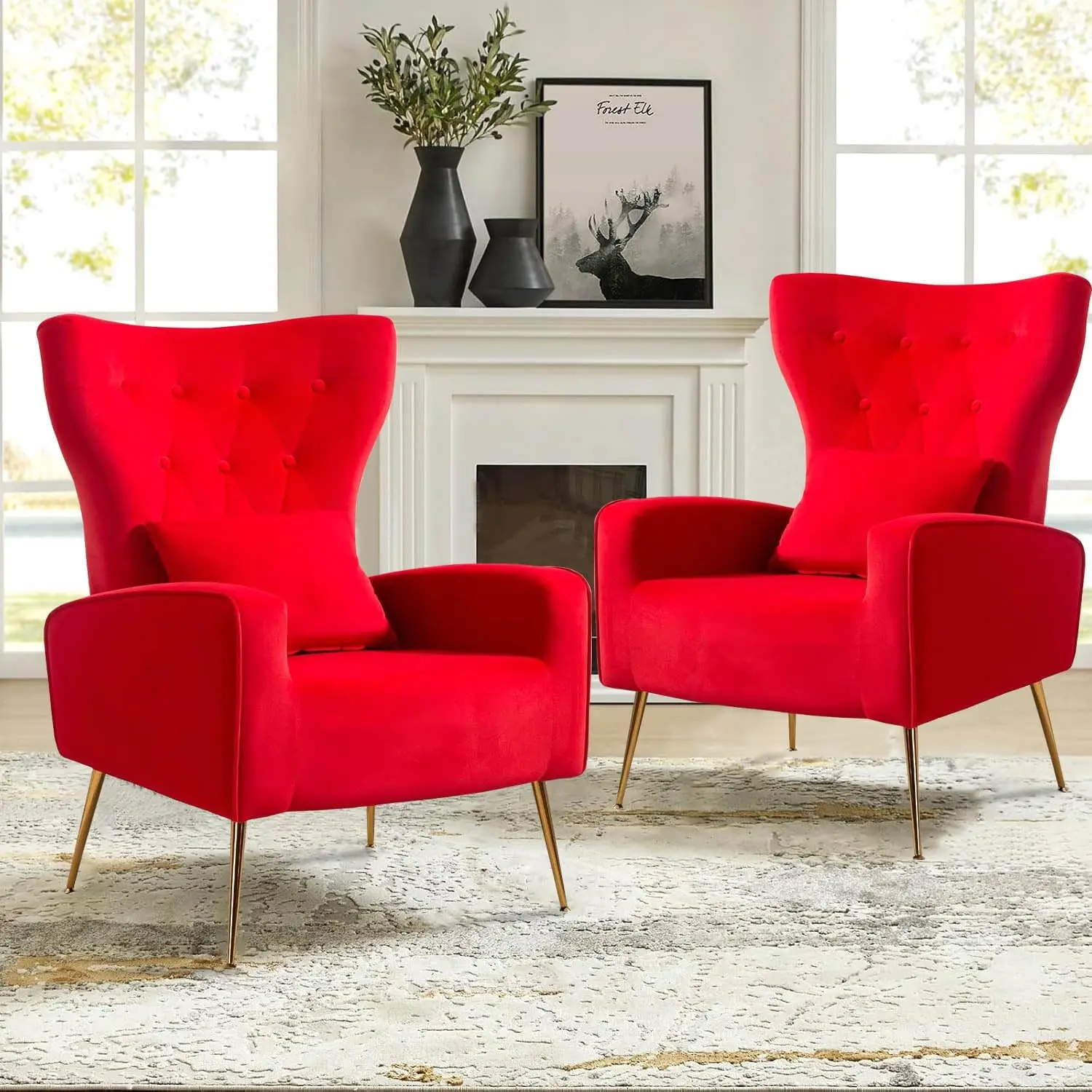 

Arm Chairs Set of 2, Mid-Century Modern Living Room Chair, Wingback Bedroom Side Chair with Gold Legs & Pillow, Button-Tufted