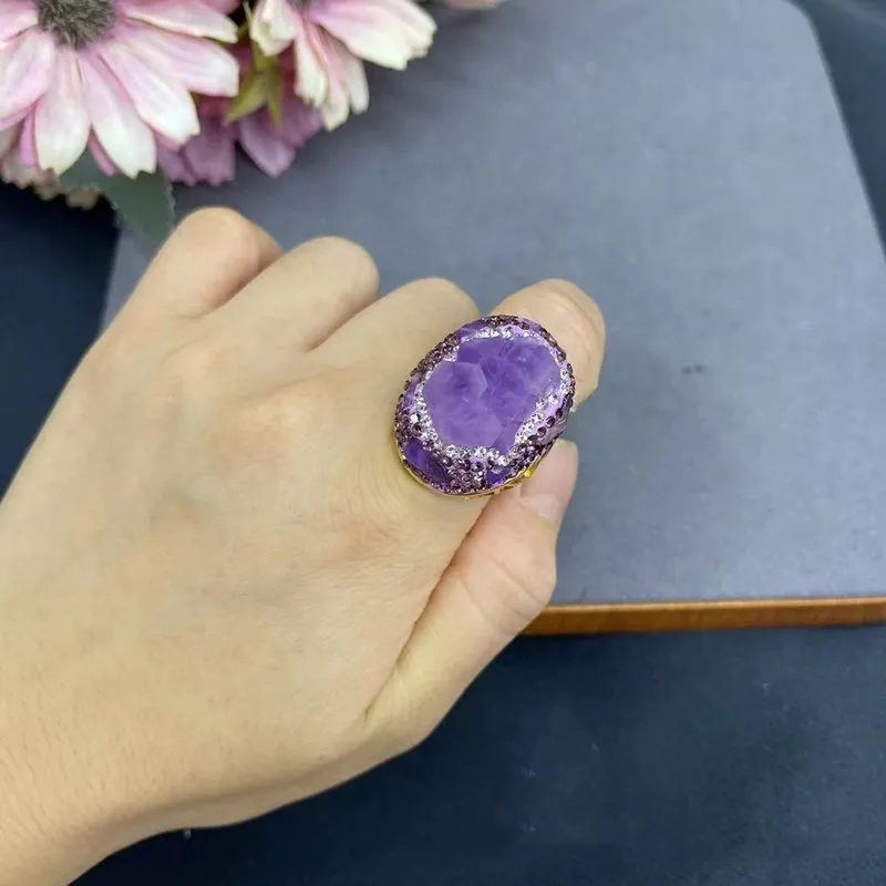 1piece nature  Amethyst baroque  zircon Ring free size ring