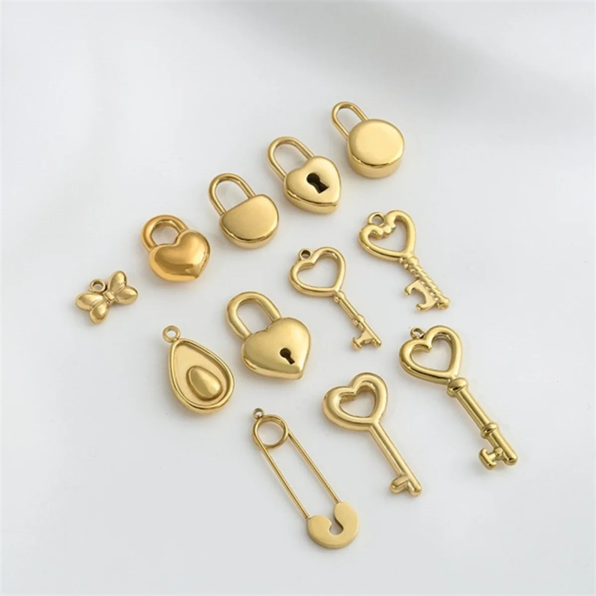 14K Real Gold Plated Titanium Steel Heart Key Lock Bow Brooch Charms 1pcs DIY Jewelry Findings