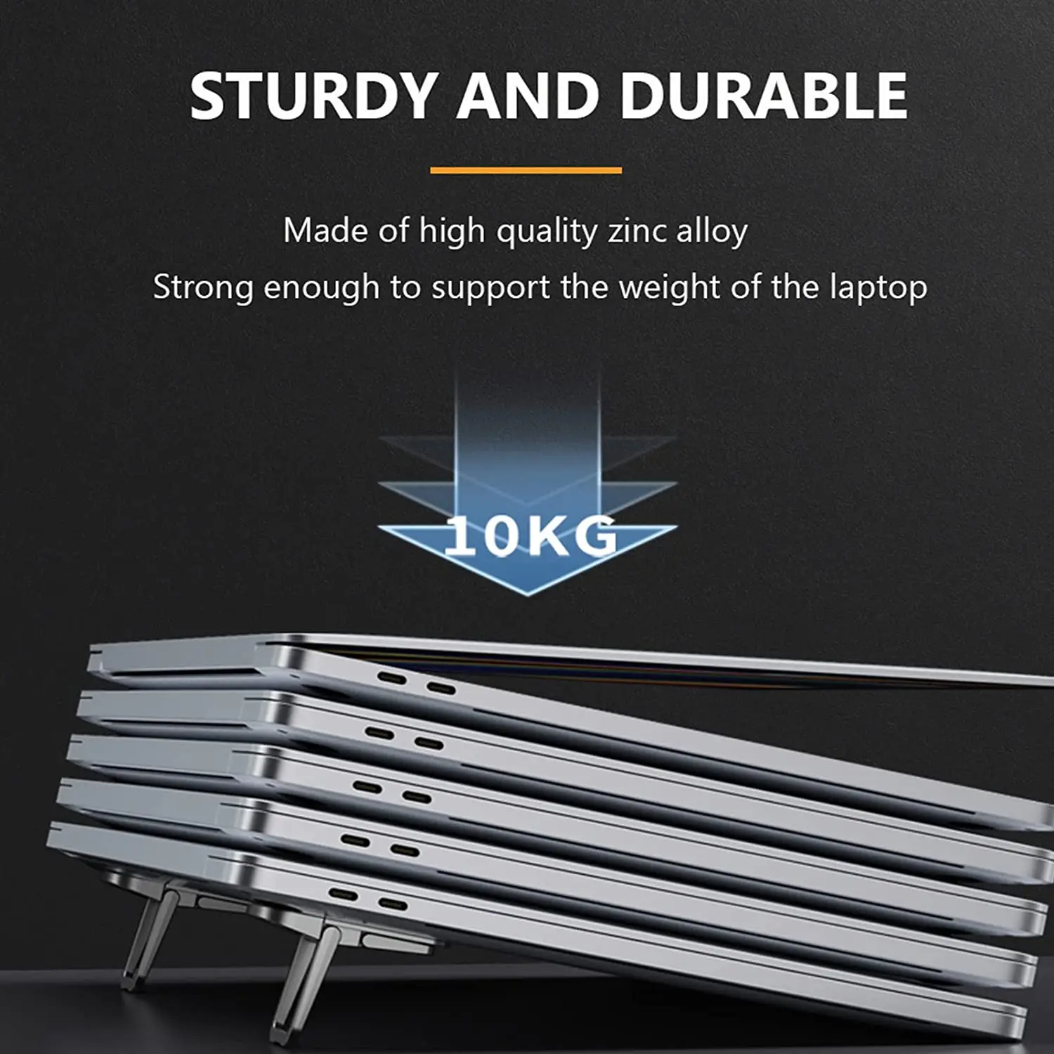 Soporte portátil resistente para ordenador portátil en plata, fabricado con aleación de zinc de alta calidad, diseñado para soportar hasta 10 kg en un elevador mini portátil para ordenador portátil.