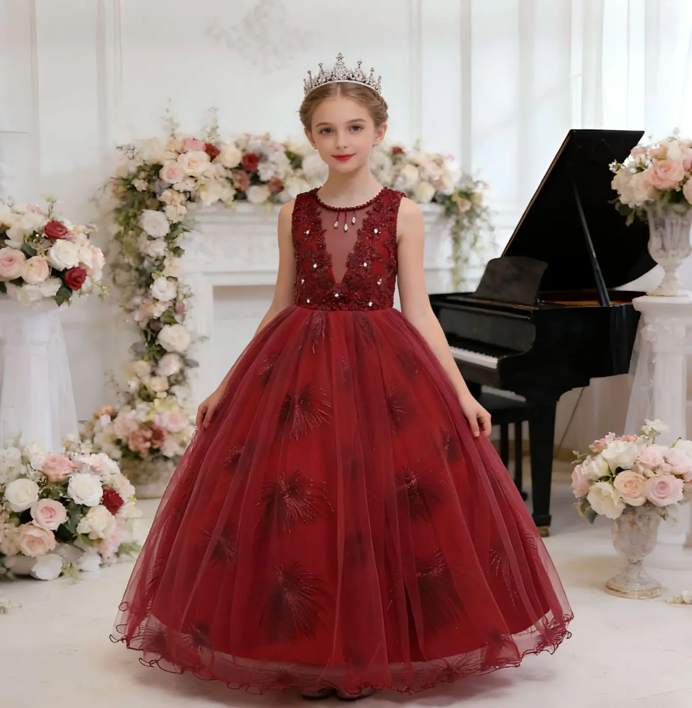 

Детское платье принцессы из сетки с цветочной вышивкой и V-образным вырезом для девочек, для свадьбы, дня рождения, первого причастия, выступлений