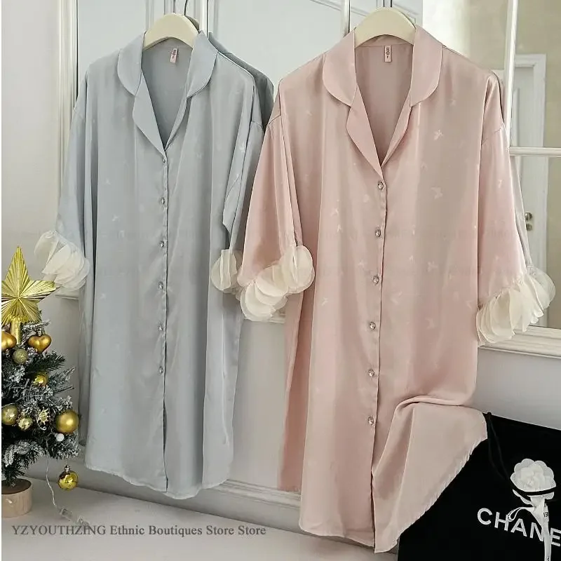 Summer New Female Sleepdress Home Dress Sexy Short Sleeve Nightgown Sleepshirt Loose Silk Satin Bronzing Nightdress Lounge Wear 6