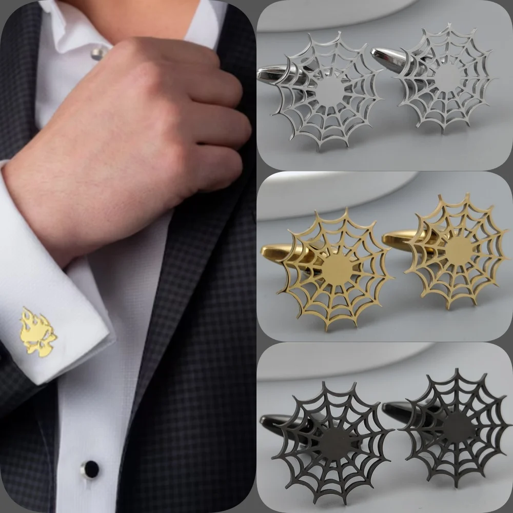 Spider web gold-plated cufflinks, silver accessories for French shirt cuffs, black cufflinks for suits, gifts for men