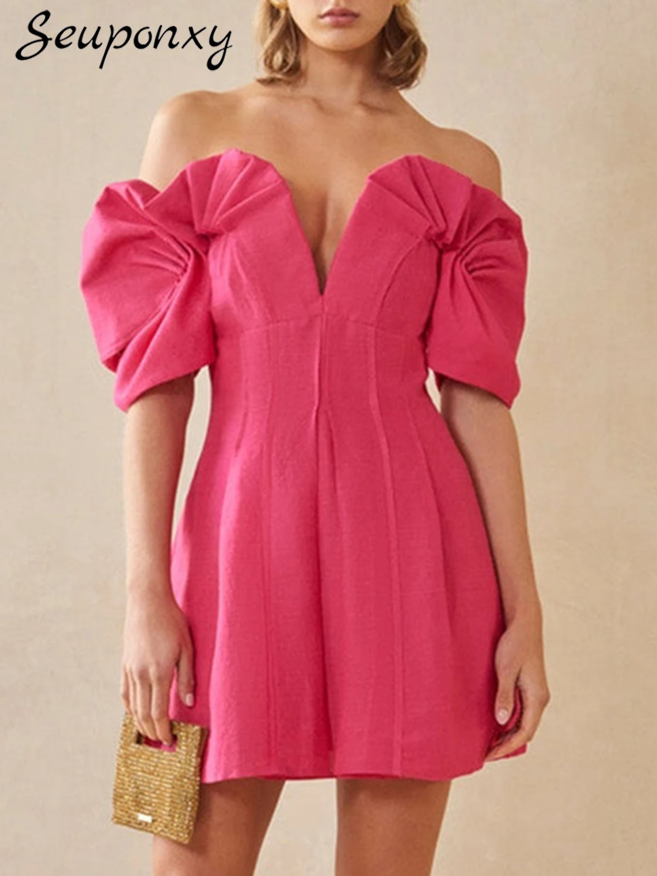 

High Quality Women'S Summer Sexy Off Shoulder Puff Sleeves Off Back Pleated Mini Dress 2024 Elegant Evening Party Dress Vestidos