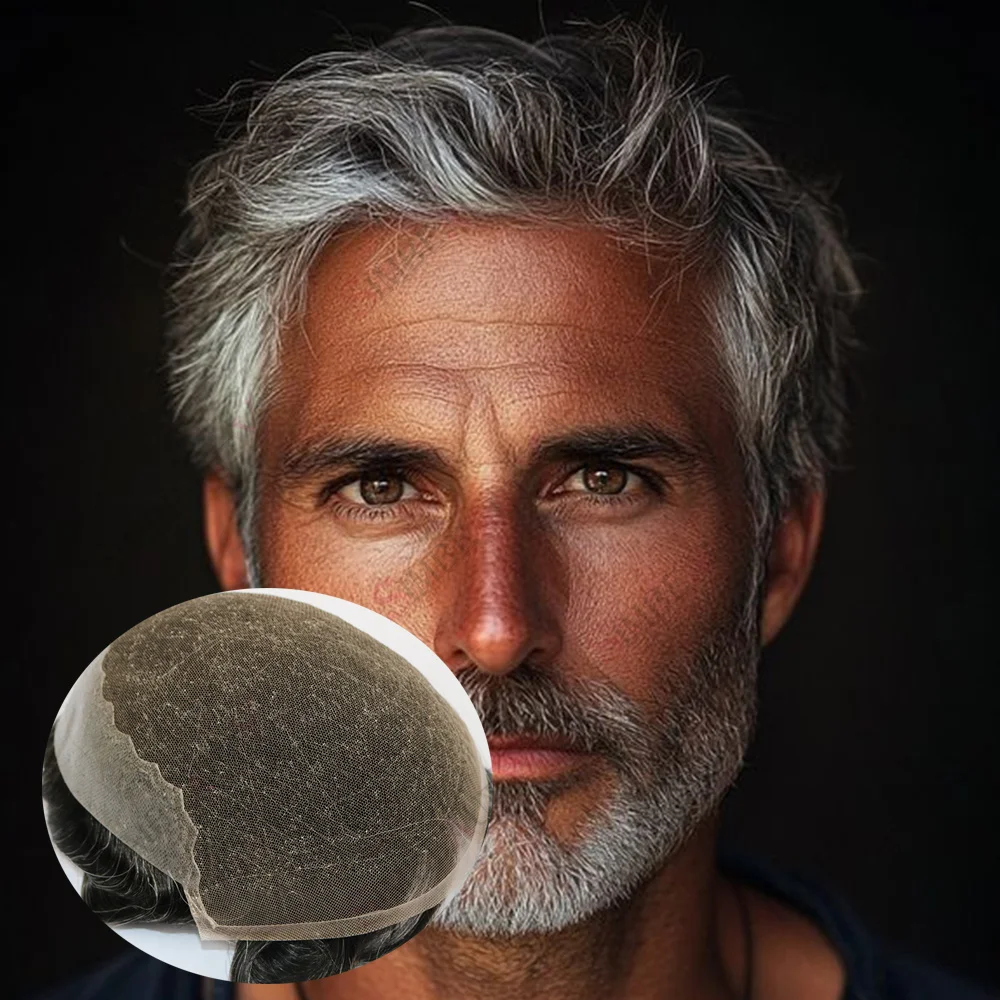 

Super Natural Hairline 1b50 Grey Black Q6 Swiss Lace&PU Man Hair Wigs Lace Front European Natural Human Hair Replacement System