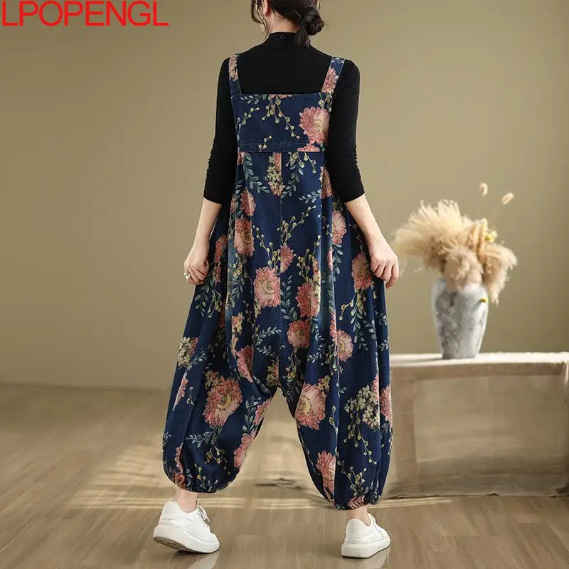 2025 Chinese Style Spring And Autumn Women's Fashion Printing Denim Overalls Loose Casual Bloomers Straight Oversized Jumpsuits