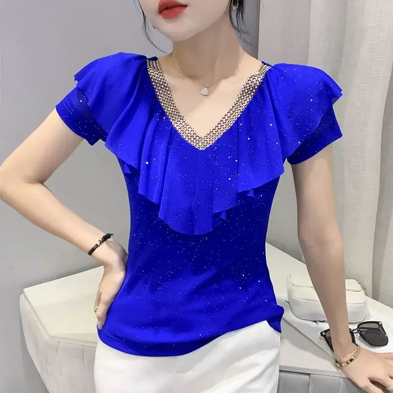 Elegant V-Neck Diamonds Hollow Out Ruffles Folds Blouse Female Clothing 2024 New Oversized Casual Tops Office Lady Shirt ZL742