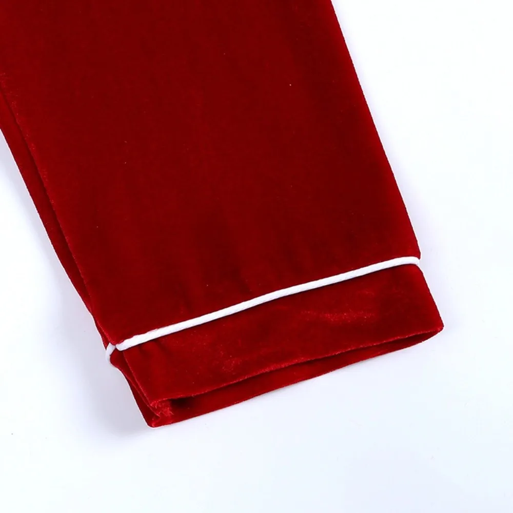 겨울 따뜻한 빨간 벨벳 어린이 잠옷 세트 레이스 편안한 어린이 잠옷 긴 소매 크리스마스 드레스 키즈 아기 소년 소녀