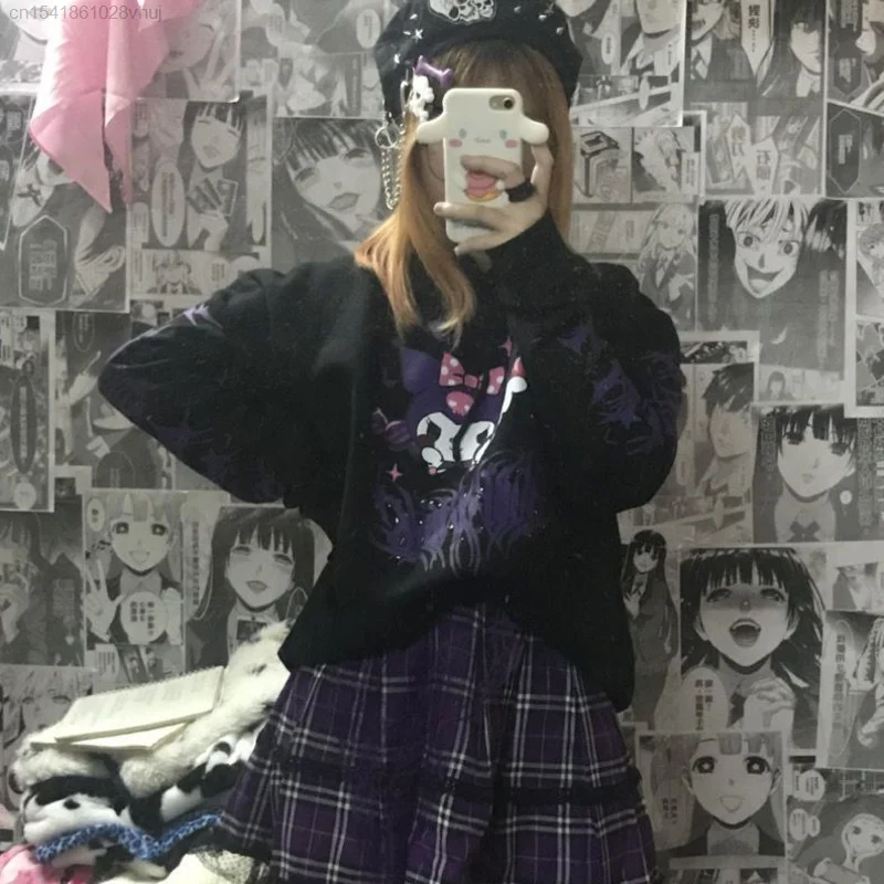 Sanrio Kuromi Y2k Japanese Punk Hoodie 2000s Autumn Winter Kawaii Anime Loose Pullover Hooded Sweater Female 90s Trend Tops Yk2