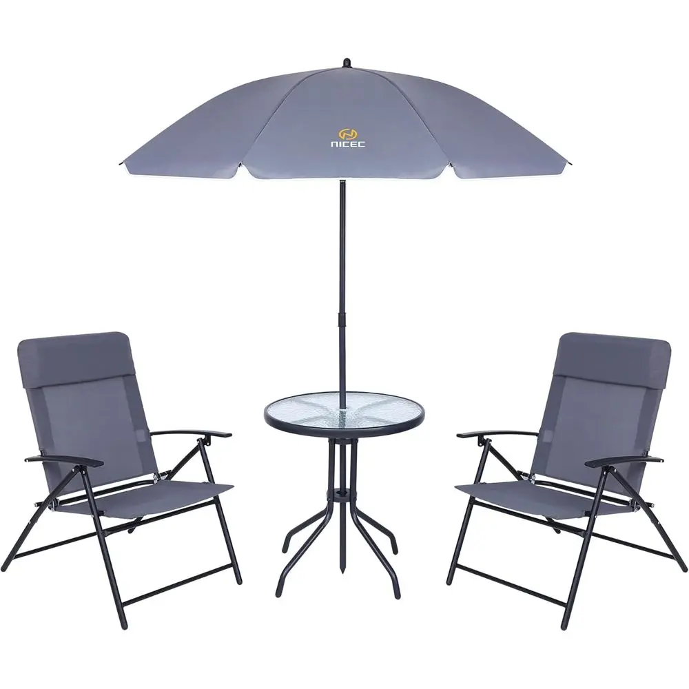 Outdoor Dining Set with Umbrella, 4-Piece Patio Furniture, Glass Top Table and Grey Wicker Chairs
