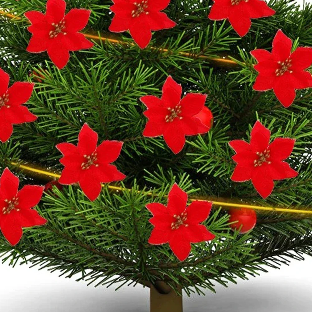 

10pcs Artificial Christmas Flowers Red Poinsettia Plants Heads Floral Picks Tree Wreath Decor Fabric Holiday Home Party