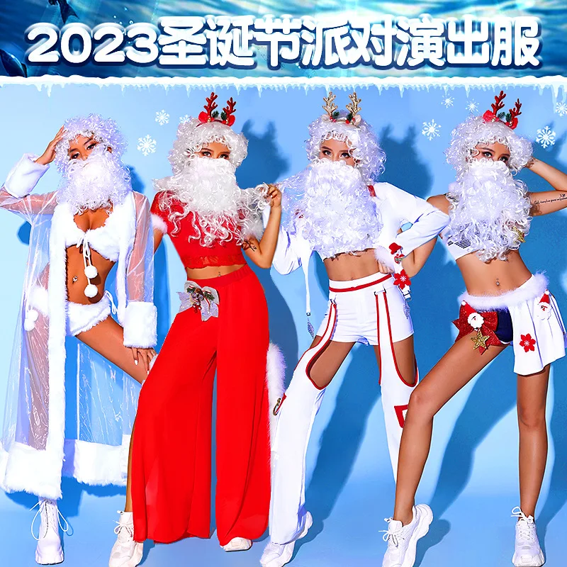 Christmas Gogo Dancer Stage Costume Santa Claus Dress Up Party Nightclub Show Festival Rave Outfit Cosplay Wig Beard Accessories