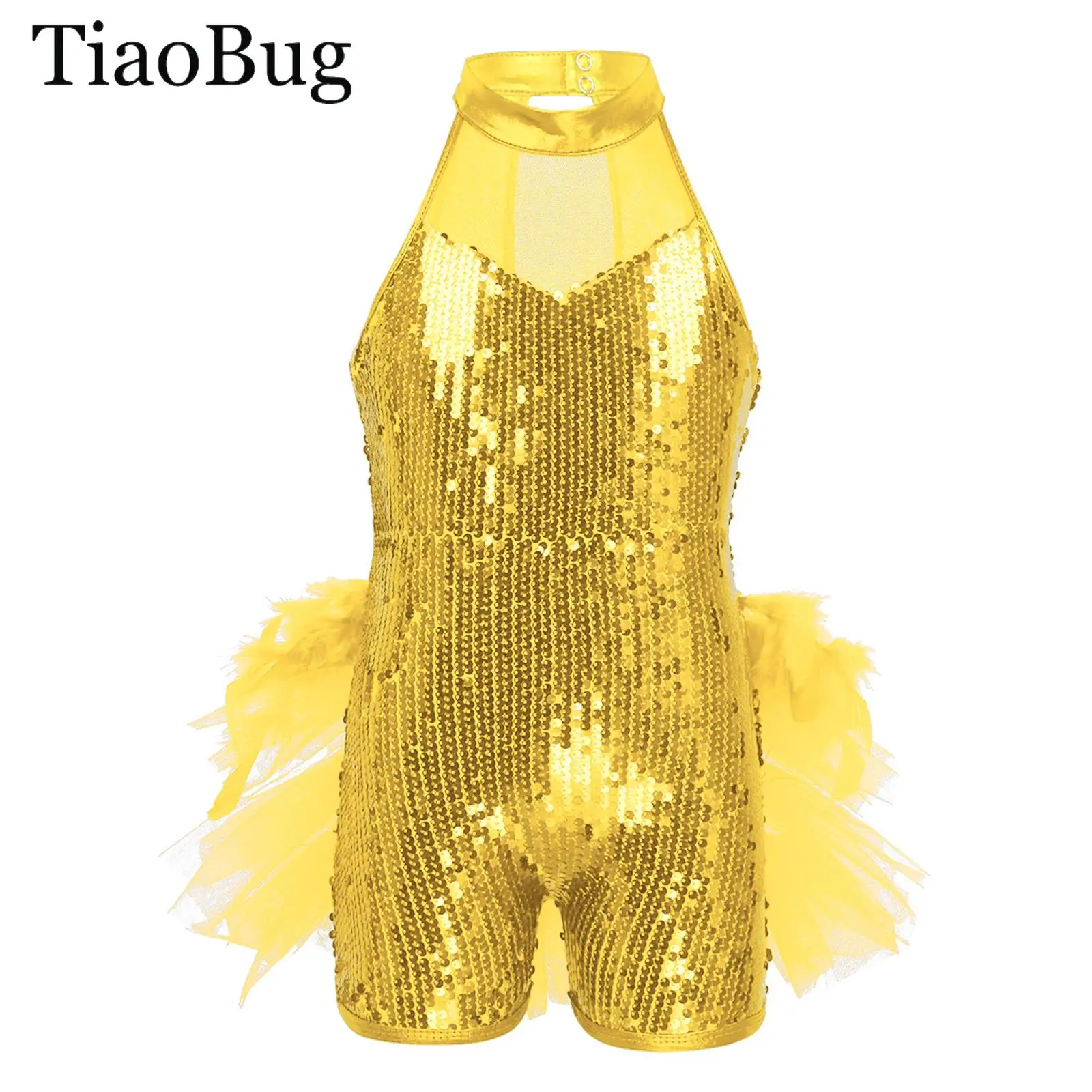 

Girls Shiny Feather Tutu Bodysuit Sequin Dance Jumpsuit Sleeveless Jazz Latin Ballet Dance Leotard Gymnastics Unitard Dancewear
