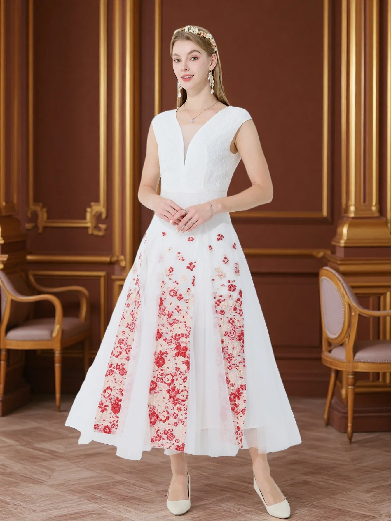 DEVCHATA Women V‑Neck Cap Sleeve Midi Evening Dress Mesh Spliced Floral Jacquard Elegant Wedding Guest Party Prom Dresses