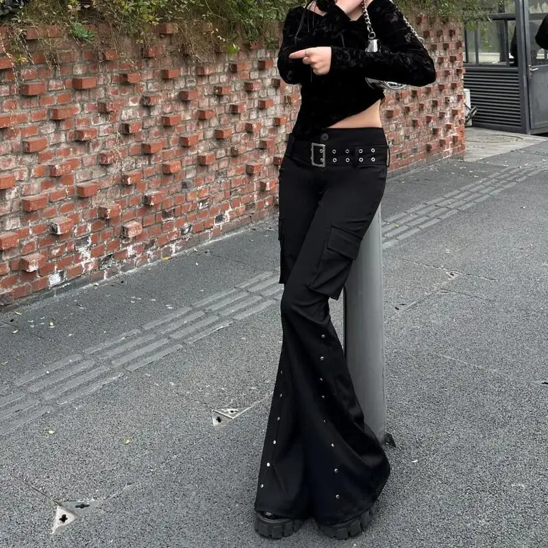 الأمريكية هوتي ريترو غسل الأسود بانت المرأة القوطية السراويل الطويلة ربيع الخريف Harajuku منخفضة الخصر سليم مضيئة السراويل Y2K الشارع الشهير #5