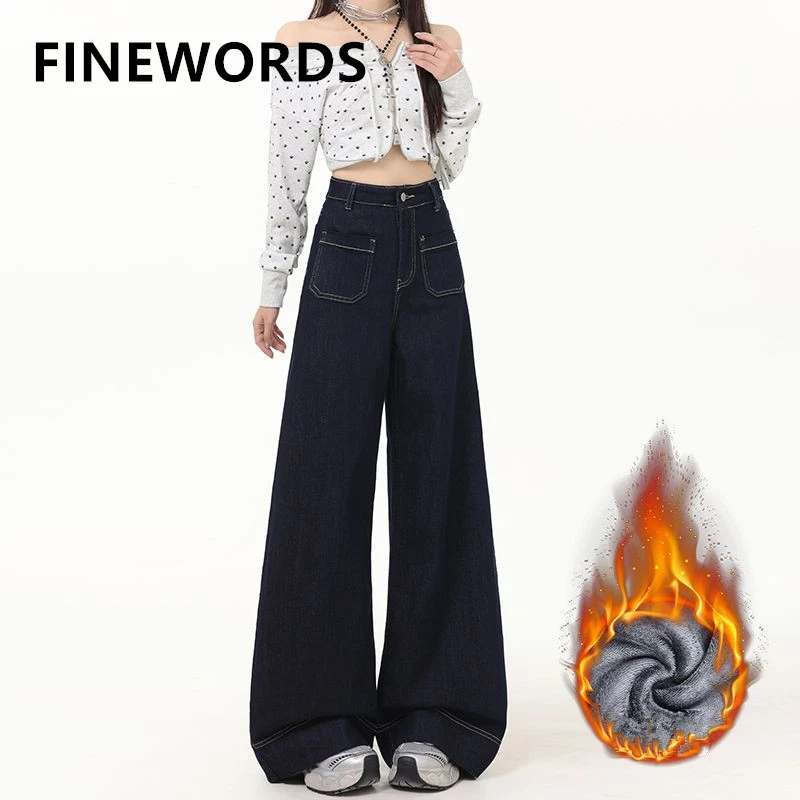 

FINEWORDS винтажные корейские утепленные кашемировые зимние джинсы женские повседневные теплые джинсы с широкими штанинами уличная одежда Easymatch джинсы с высокой талией
