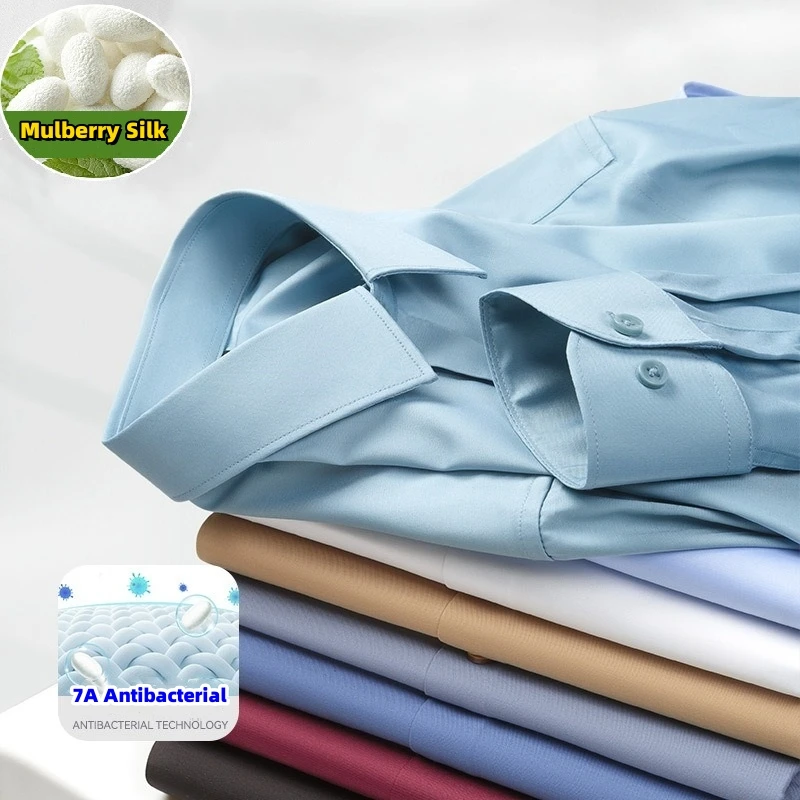 

Man Dress White Shirts 100% Mulberry Silk Long Sleeve Autumn Non Iron Top Casual High End Business 7A Antibacterial Formal Shirt