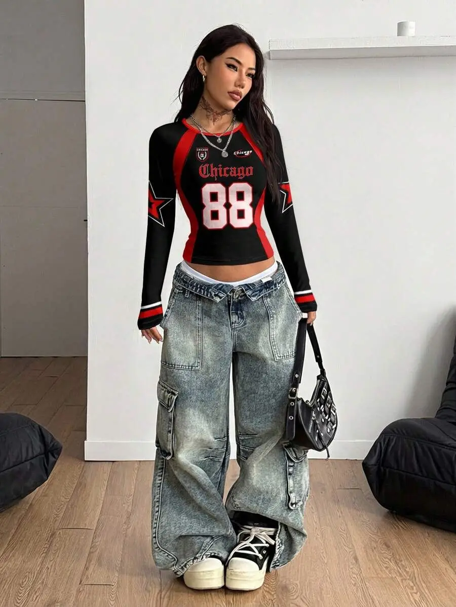 Women Y2K sports raglan crop top, black red color block Chicago 88 star print slim cropped long sleeve shirt S-XXXL