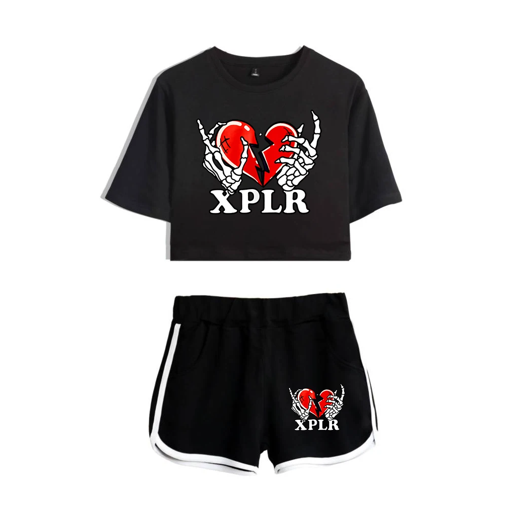 XPLR Sam and Colby Heartbreak Merch Two Piece Set Short Sleeve Crop Top Navel Tee+Shorts 2023 New Logo Hip Hop Women's Sets