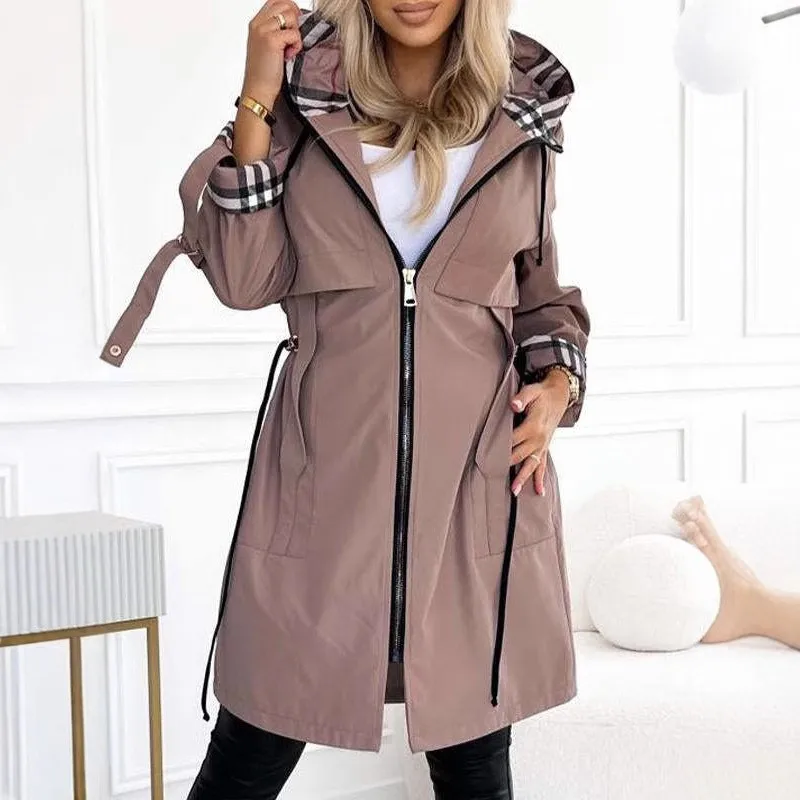 

Fashion Casual Women's Jacket 2025 Autumn/Winter New Hooded Zipper Trench Coat Solid color Checkered Print for Ladies Commuting