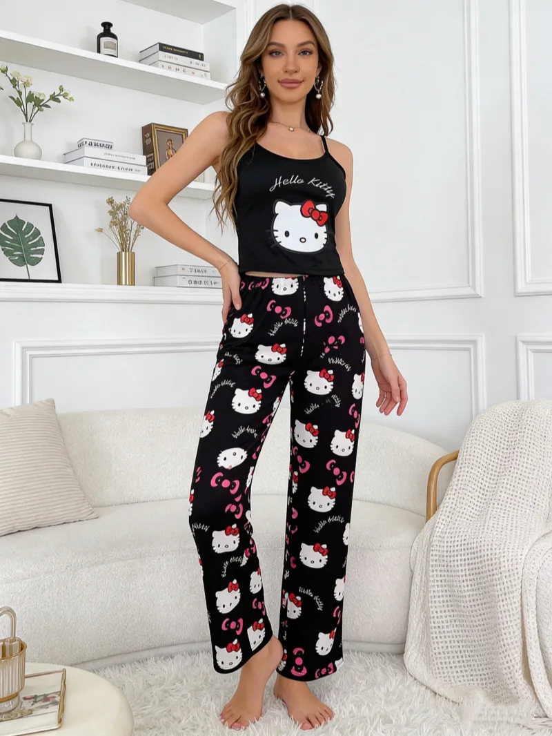

Комплект пижамы европейского размера с милым мультяшным принтом Hello Kitty, женский летний комплект из топа на бретелях и брюк, свободный повседневный домашний костюм из двух предметов