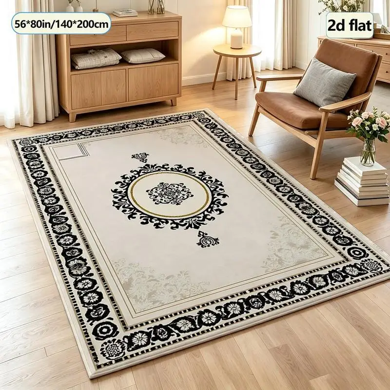 Cream-Colored Black Vintage Medal Border Carpet Floor Decoration Simple Retro Square Carpet Suitable for Home Living Room Interior Decoration