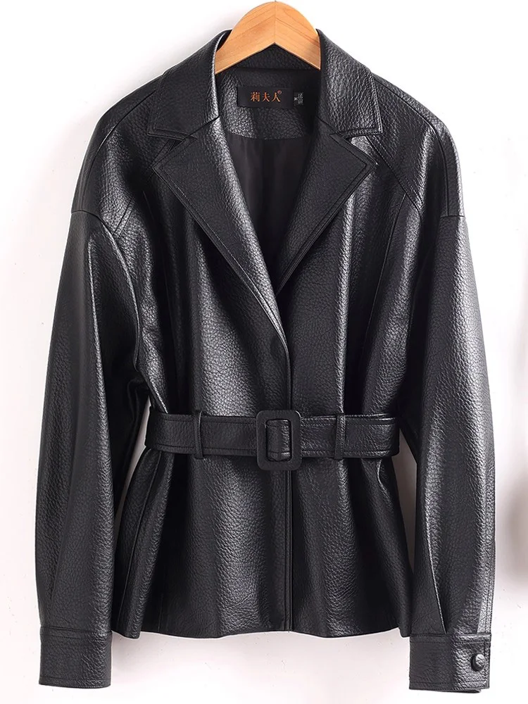 Nuovo Donne Pelle spaccata Blazer con cintura sottile Primavera Autunno Moda Colletto dentellato Sciolto Giacca di pelle Cappotto femminile