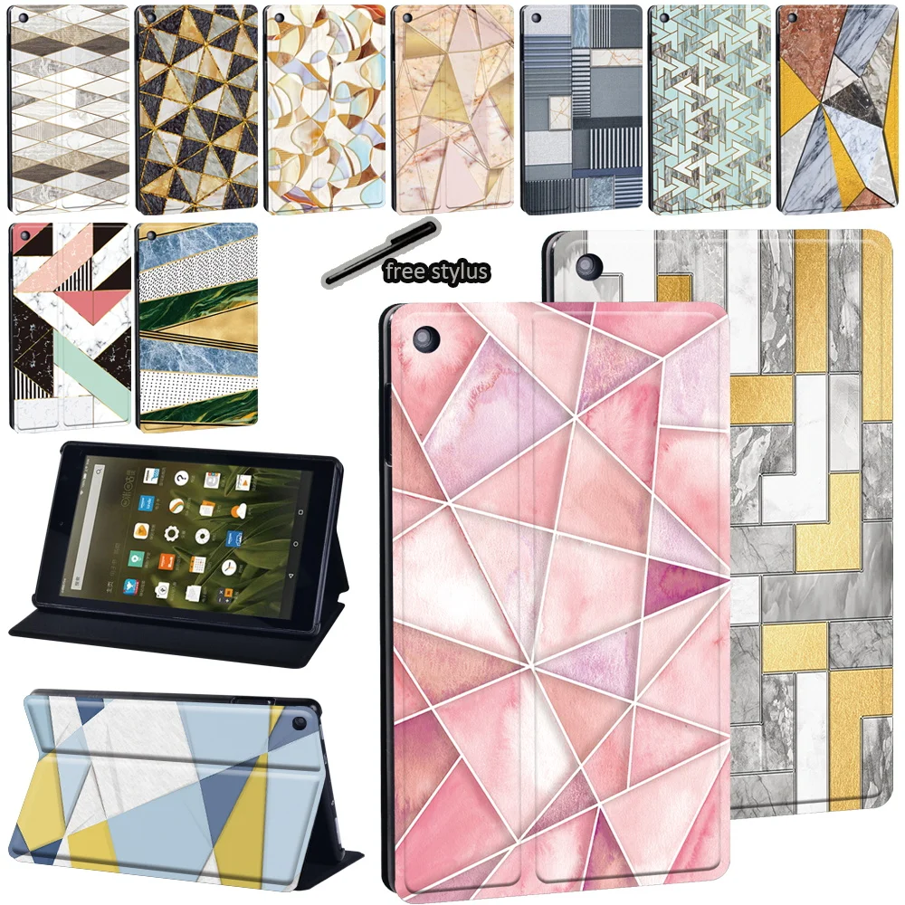 For Amazon Fire 7 (5th 7th 9th Gen)/HD 8(6th 7th 8th Gen)/HD 10(5th 7th 9th Gen) Geometry Print Pattern Leather Tablet Case