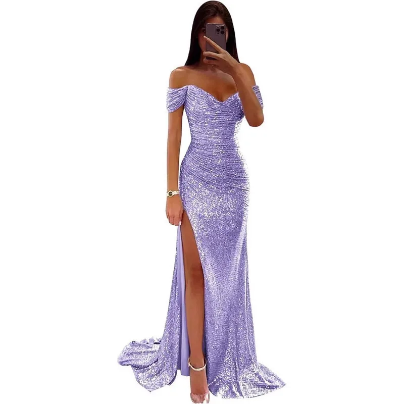 

JY New sequined one neck fashionable dress for autumn and winter evening dress, elegant and sexy women's dress, high edge slit