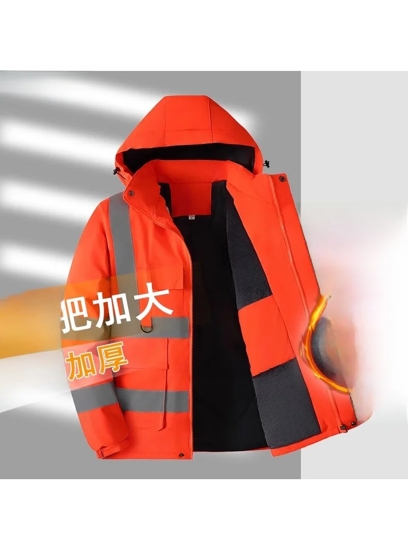 Reflective Thickened Fleece Cotton Jacket for Men Outdoor Cold Resistance Workwear Coat Large Size Printed Logo Winter Coat