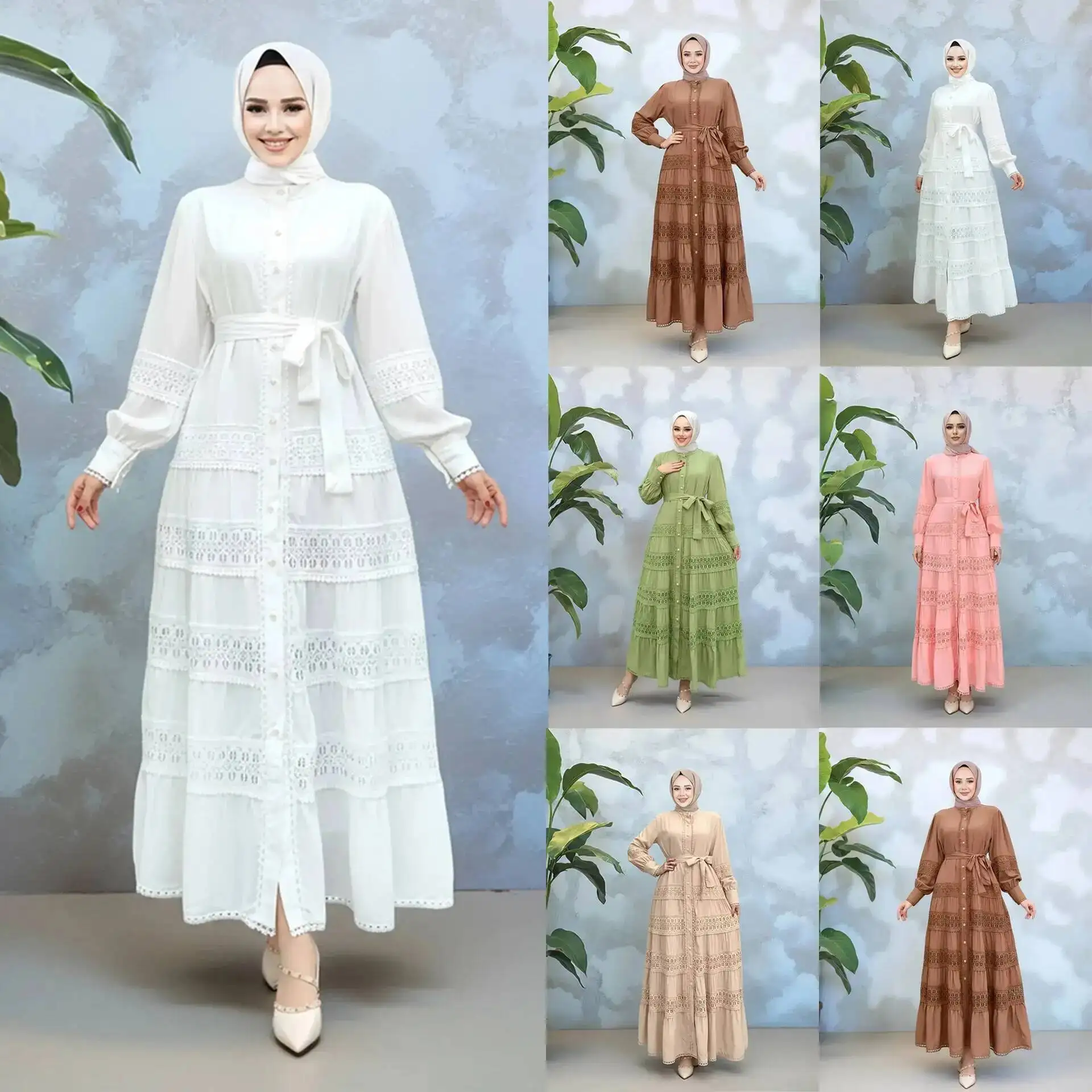 

M351 # 6 Turkish Women's Dresses With Lace Trim, Stand-up Collar, Waist-cinching, And Long Skirt Dubai Luxury Islam Elegant