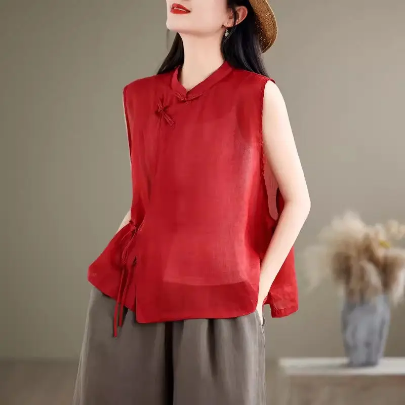 

Chinese Style Cotton And Linen Top Buttoned Vest For Women's Summer Retro Slanted Collar Loose Sleeveless T Shirt Blouse K1302