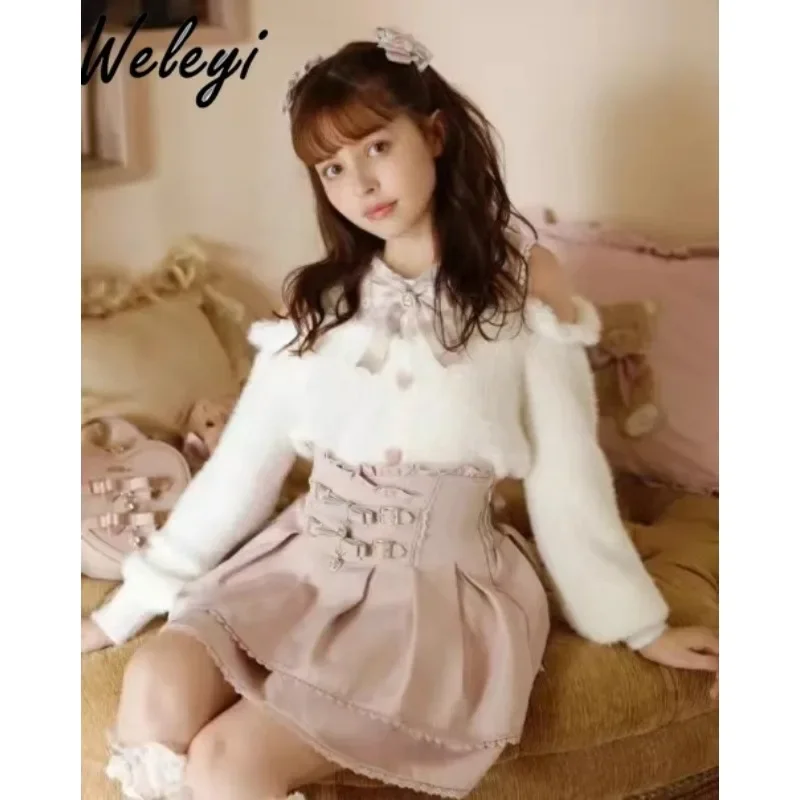 

Japanese Lolita Cute Bow Off Shoulder Sweater Ladies Autumn Sweet Women's Fury Lace Stitching Slim Fit Long Sleeve Knit Jumper