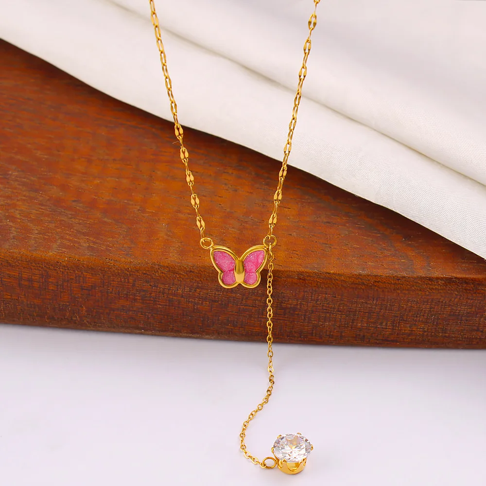 DIY accessories Pink butterfly pendant, high-grade zircon pendant, long sweater chain, stainless steel gold niche design collarb