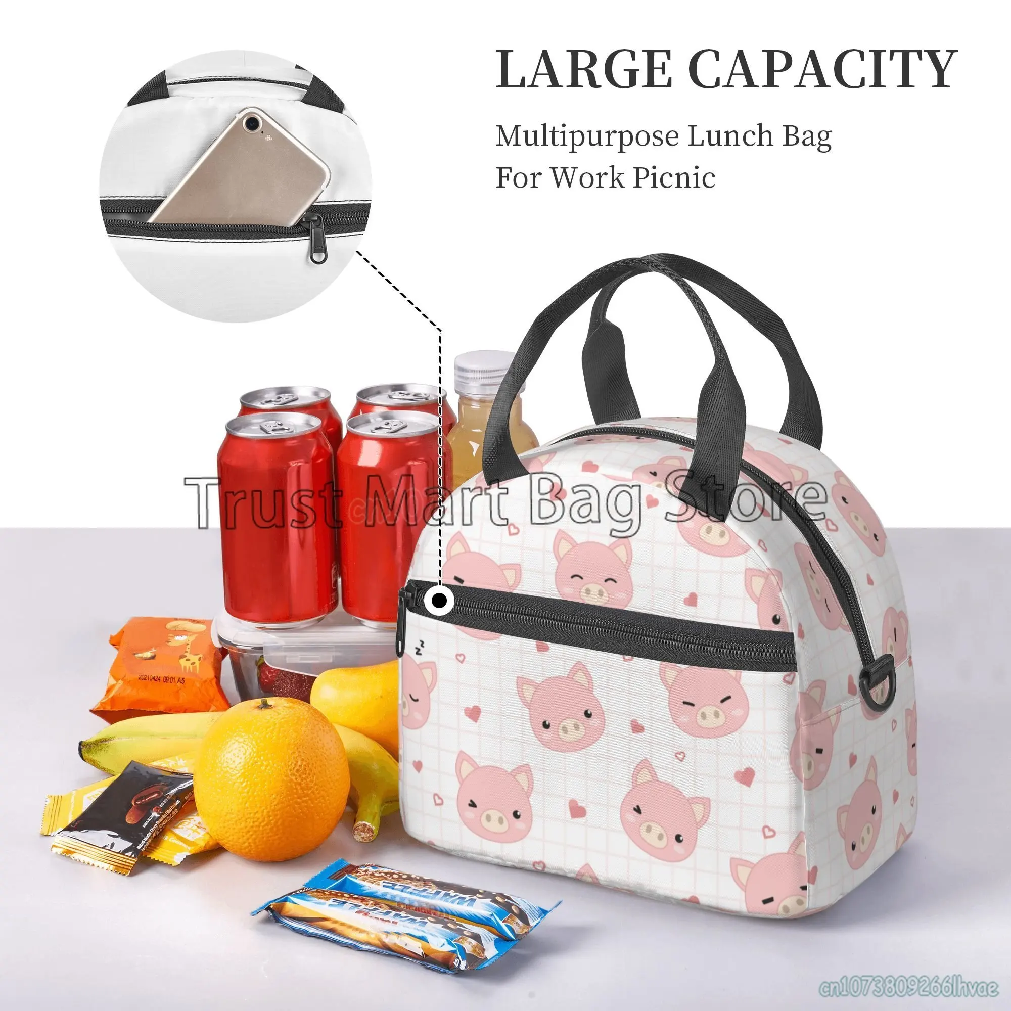 Cute Cartoon Pink Pigs Lunch Bag Women Insulated Lunch Box Tote Bag with Adjustable Shoulder Strap for Work Picnic Beach Travel