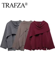 TRAFZA Autumn Jacket Woman Trendy O-Neck Long Sleeve Single Button Knitted Coat Female Casual Asymmetrical Loose Coat 3 Color