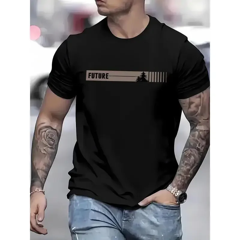 Men's Summer Fashion Casual Loose Plus Size Future letter Pattern Printing Sports Breathable Crew Neck Short Sleeve T-Shirt Top