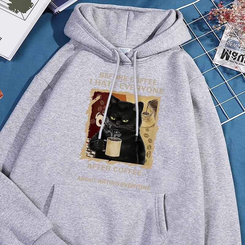 Coffee And Cat Printing Male Hooded Leisure Essential Sport Shirts Machine Washable Comfy Sportwear Versatile Fleece Pocket Tops