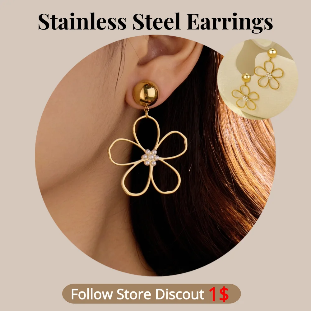 Stainless Steel Pearl Flower Earrings Plated 18K Gold Color Non Tarnish Waterproof Trendy Jewelry Earrings For Women Gift