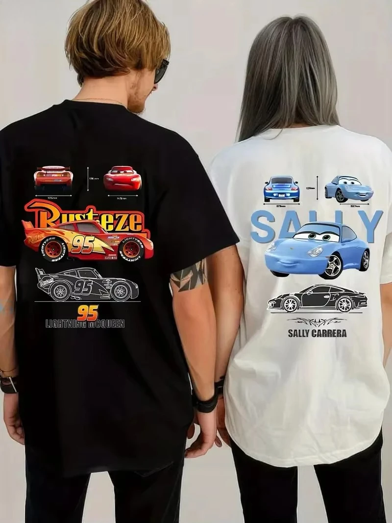 

2025 Summer Car Mania Cartoon Print T-shirt cotton casual oversized short-sleeved suitable for both men and women 091307