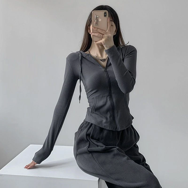 Gothic Streetwear Oversized T Shirts Women Zip Up Hooded Cardigan Sports Solid Long Sleeve Grey Tight Cropped Tops Tracksuit