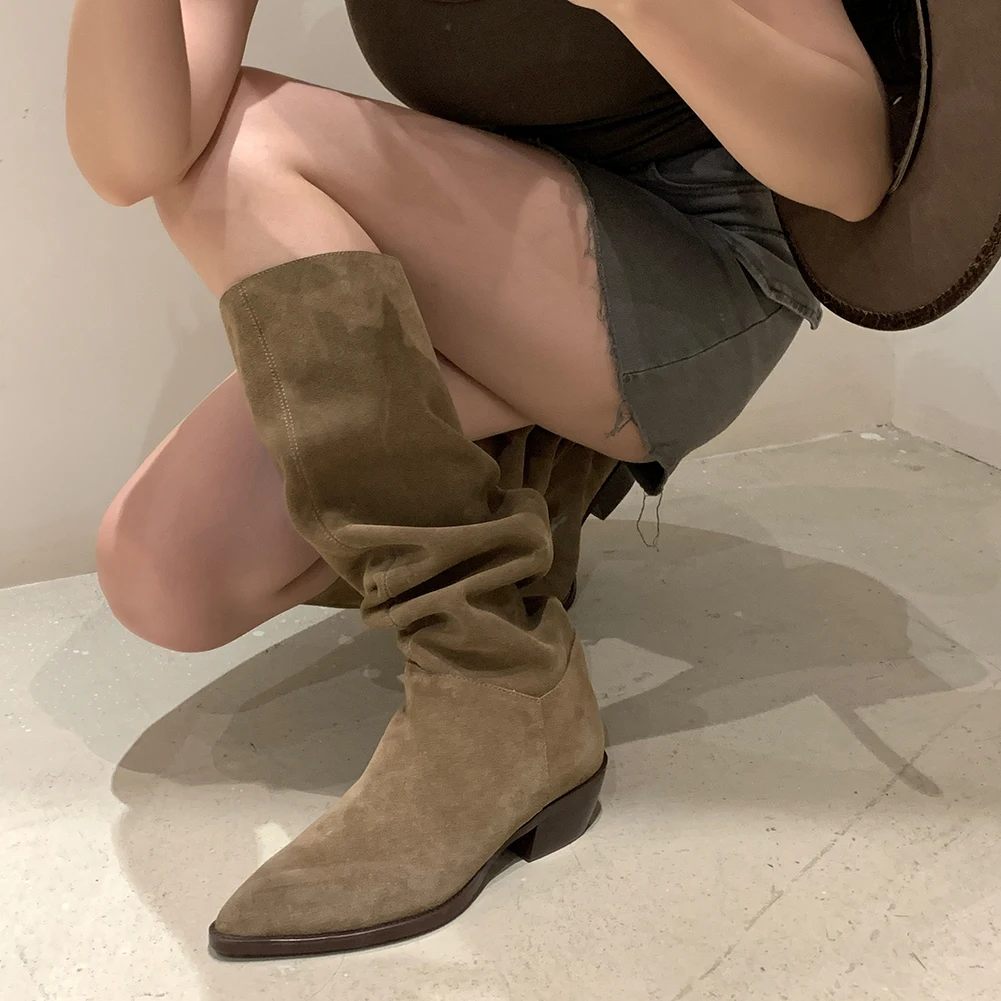 2024 New Kid Suede Retro Women Boots Autumn Winter Slip-On Boots for Women Pointed Toe Square Heel Basic Shoes Knee-high boots