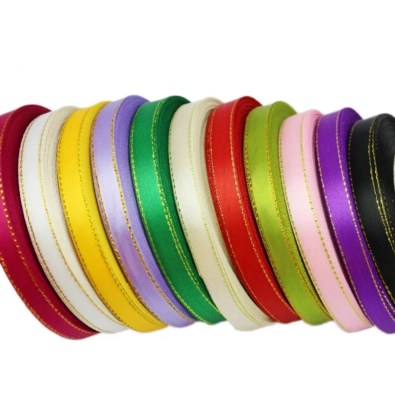 (25 Yards/Lot) 3/8'' (10mm) Satinbänder Rosa Golden Edge Band Großhandel Hochwertige Geschenkverpackungsbänder